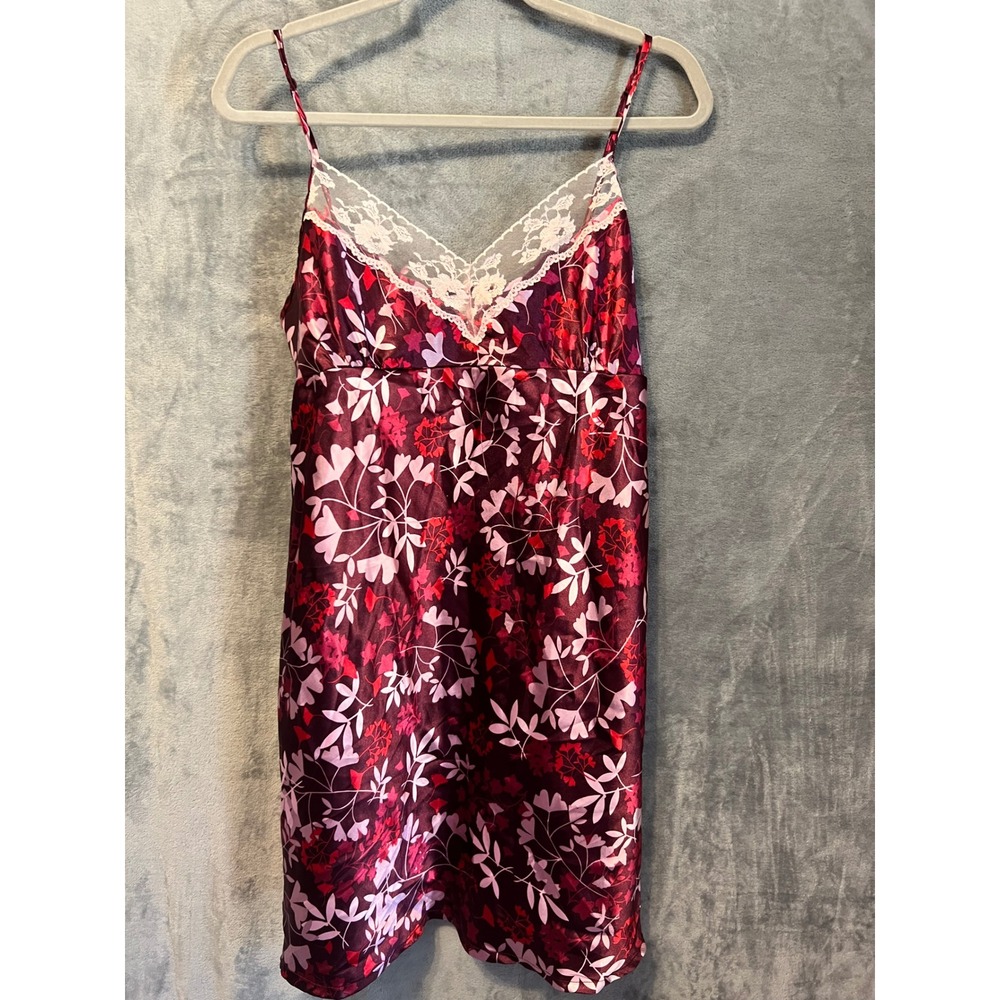 PINK Lace Trim Satin Slip Dress L Burgundy Floral Chemise Nightgown